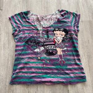 Betty Boop Graphic Tee Purple Green Striped Y2K Grunge Raw Neck Top Large